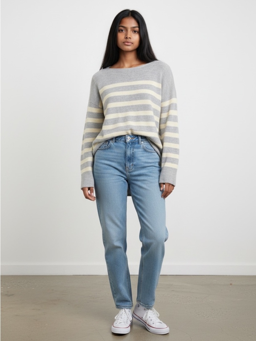 J Jill Bateau Neck Cotton Blend Gray Striped Sweater Size M